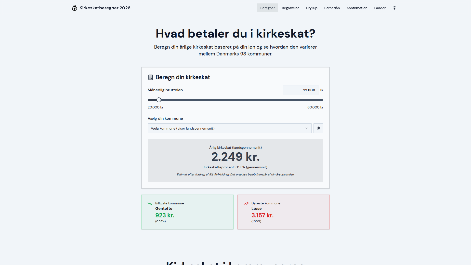 💰 Beregn nemt din kirkeskat i din by ud fra din løn i 2026 - Forside